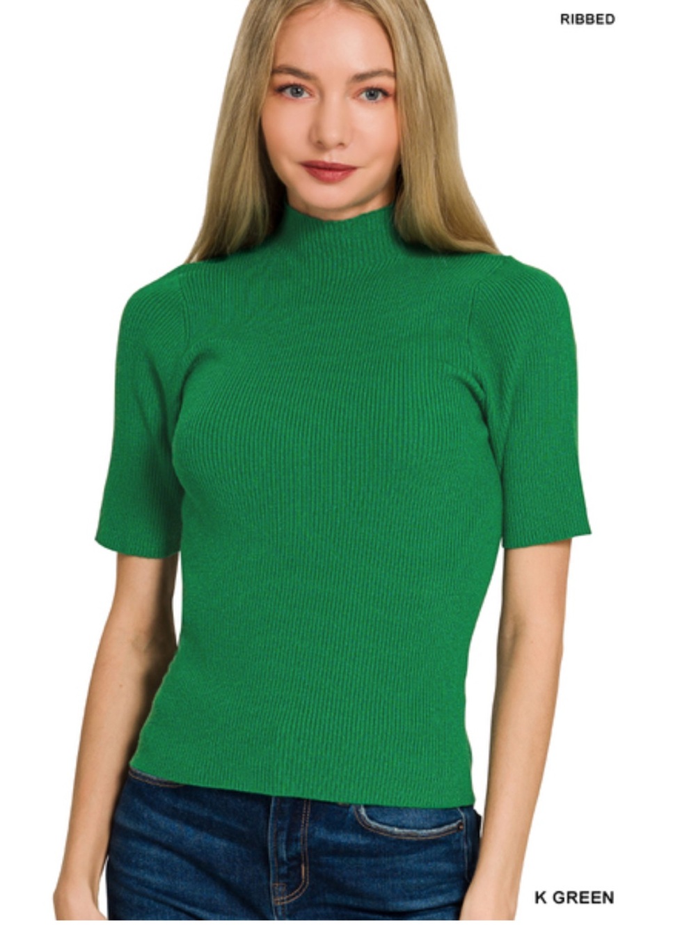 492 ❤️ green SOFT STRETCHY VISCOSE MOCK RIBBED SWEATER